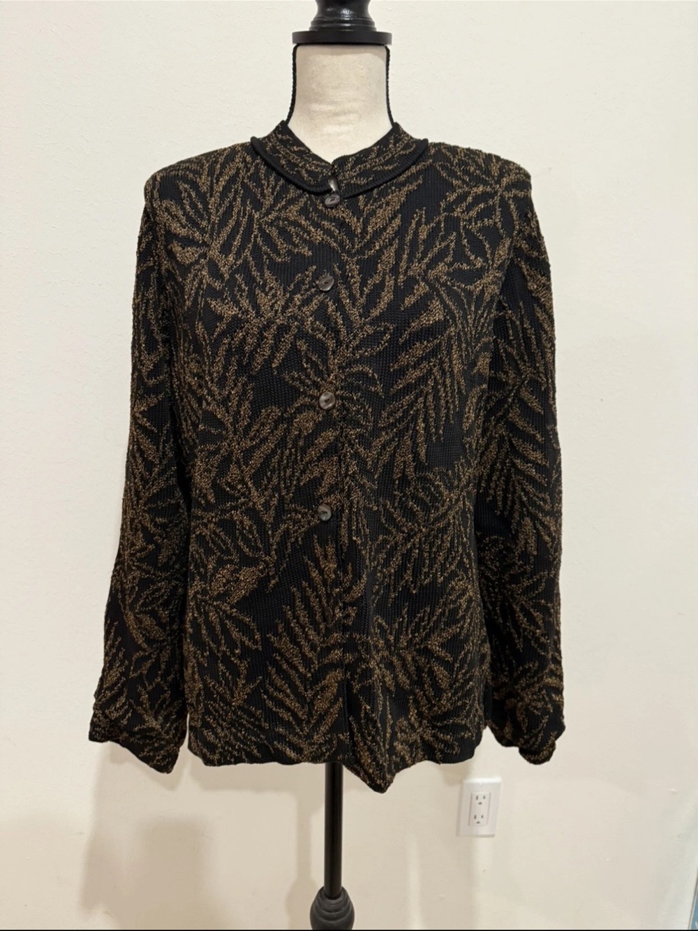 Peruvian Connection XL Cardigan Black Copper Leaf Pima Cotton Blend Sweater NEW